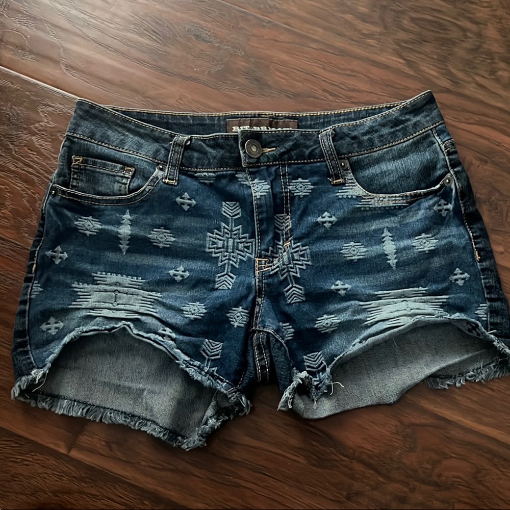 Blue Distressed Denim Shorts with Aztec Patterns